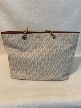 Michael Kors Cream and Brown MK Logo Chain-Handle Tote